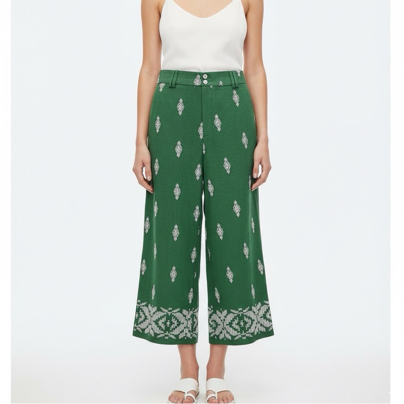 Zara High Waisted Wide Leg Crop Culottes Green Embroidered Linen Blend M